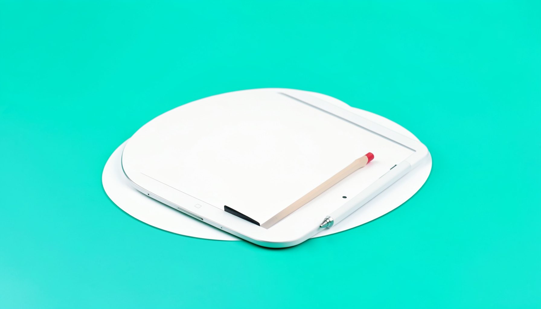 Beyaz arka plan üzerinde, hafif yansımalı küçük bir tablet ve kalem.